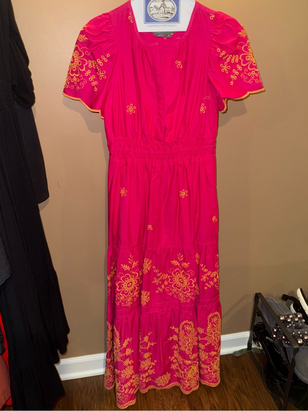 Anthropologie Pink Maxi Dress with Gold Embroidery